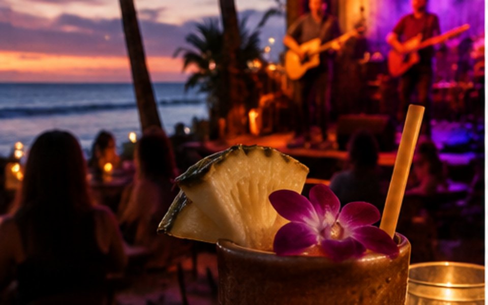 Tikis Grill & Bar editorial mood illustration for Honolulu