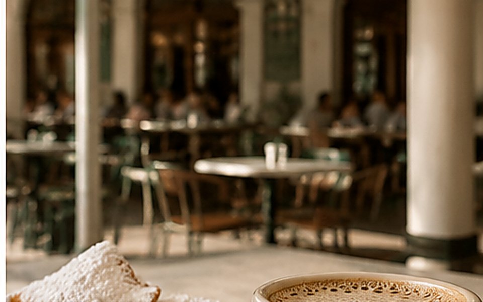 Cafe Du Monde editorial mood illustration for New Orleans