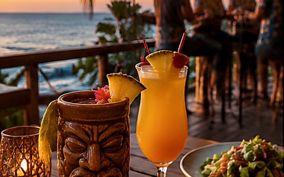 Tikis Grill & Bar editorial mood illustration for Honolulu