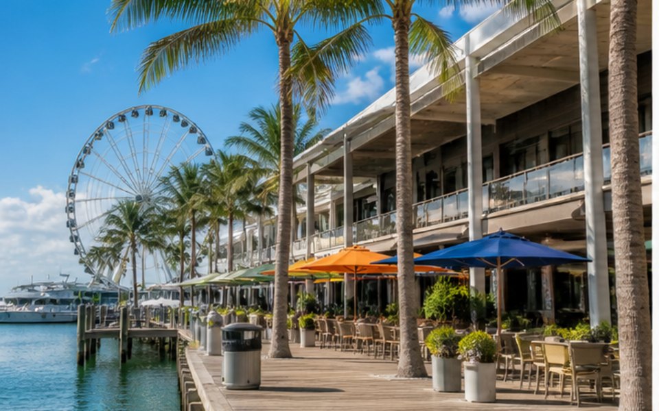 Bayside Marketplace editorial mood illustration for Miami